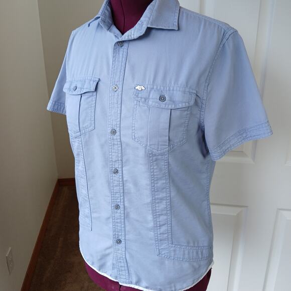 A|X Armani Exchange Short Sleeve Button-up Shirt M blue woven pockets work - Picture 1 of 16